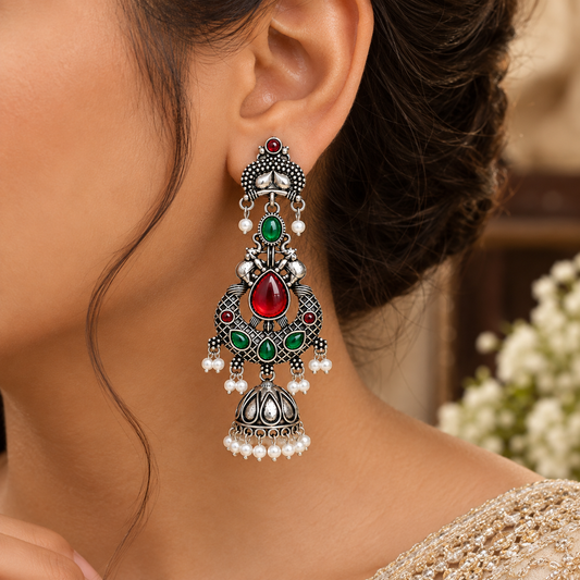 Traditional Oxidized Silver Jhumka Earrings with Red Green Stones & Pearl Drops ASTRIA JEWELLERY