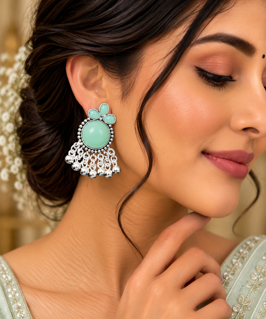 Mint Green Stone Silver Tone Floral Dangle Earrings for Women ASTRIA JEWELLERY