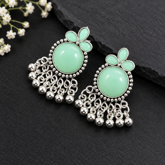Mint Green Stone Silver Tone Floral Dangle Earrings for Women ASTRIA JEWELLERY