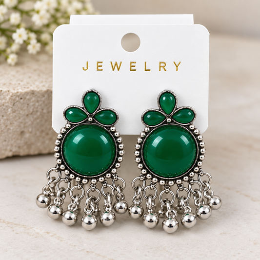 Green Stone Silver Tone Floral Dangle Earrings for Women ASTRIA JEWELLERY