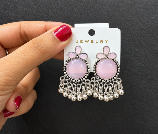 Pink Stone Silver Tone Floral Dangle Earrings for Women ASTRIA JEWELLERY
