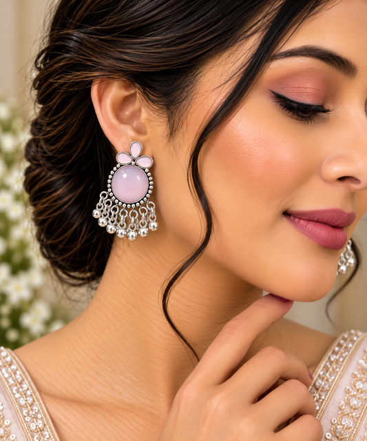 Pink Stone Silver Tone Floral Dangle Earrings for Women ASTRIA JEWELLERY