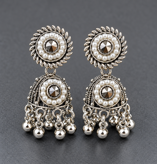 Antique Silver Oxidized Floral Drop Earrings with White Stone Detailing for Women ASTRIA JEWELLERY