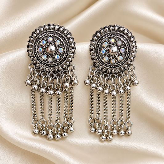 Antique Silver Oxidized Floral Drop Earrings ASTRIA JEWELLERY