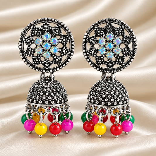 Oxidized Silver Floral Jhumka Earrings with Multicolor Beads ASTRIA JEWELLERY