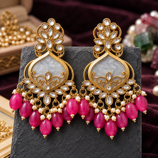 Gold Tone Kundan Chandbali Earrings with White Stones and Pink Beaded ASTRIA JEWELLERY