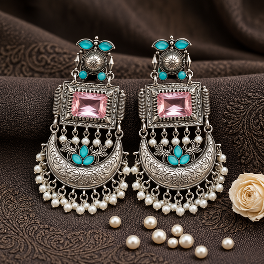 Oxidized Silver Chandbali Earrings with Pink Crystal, Turquoise Stones ASTRIA JEWELLERY