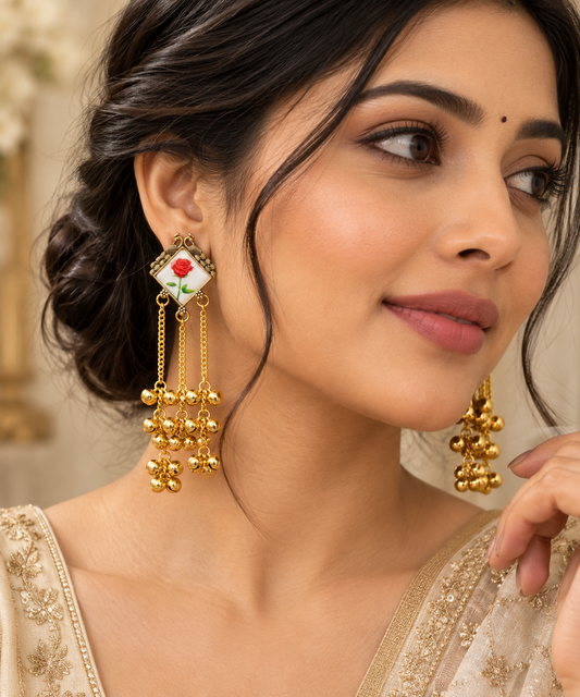 Gold Tone Rose Flower Long Chain Dangle Earrings ASTRIA JEWELLERY