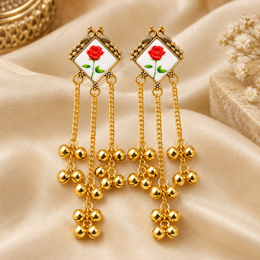 Gold Tone Rose Flower Long Chain Dangle Earrings ASTRIA JEWELLERY