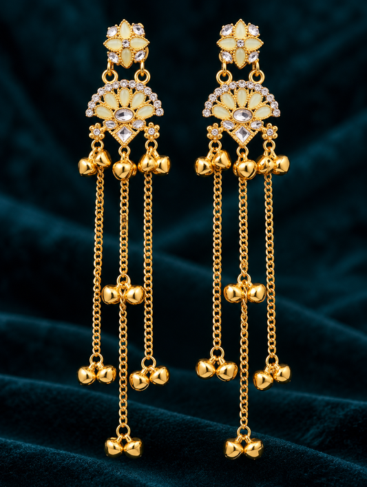 Gold Plated Floral Long Chain Dangle Earrings with Pearl Stones ASTRIA JEWELLERY