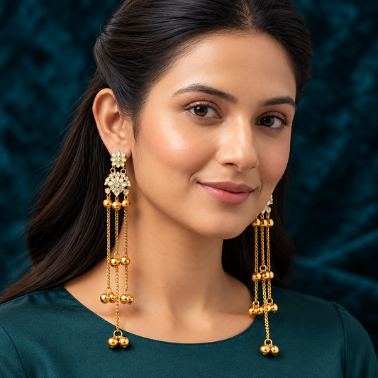 Gold Plated Floral Long Chain Dangle Earrings with Pearl Stones ASTRIA JEWELLERY