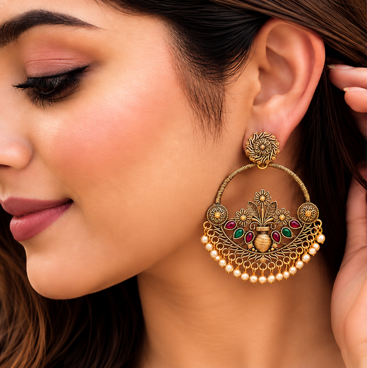 Gold Plated Floral Pearl Chandbali Dangle Earring ASTRIA JEWELLERY