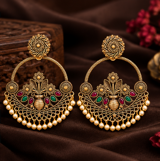 Gold Plated Floral Pearl Chandbali Dangle Earring ASTRIA JEWELLERY