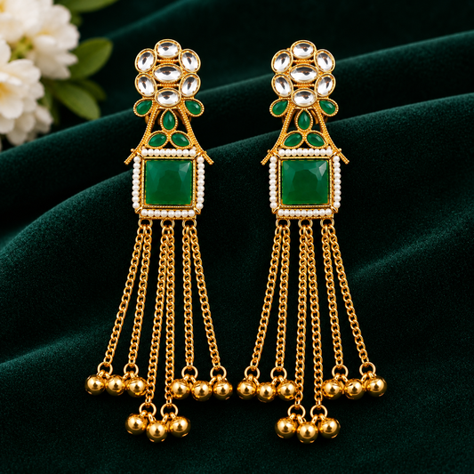 Gold Plated Green Stone Pearl Long Chain Dangle Earring ASTRIA JEWELLERY