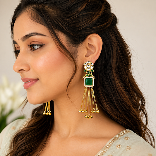 Gold Plated Green Stone Pearl Long Chain Dangle Earring ASTRIA JEWELLERY