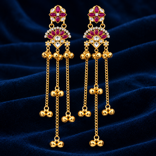 Gold Plated Red Stone Floral Long Chain Dangle Earring ASTRIA JEWELLERY