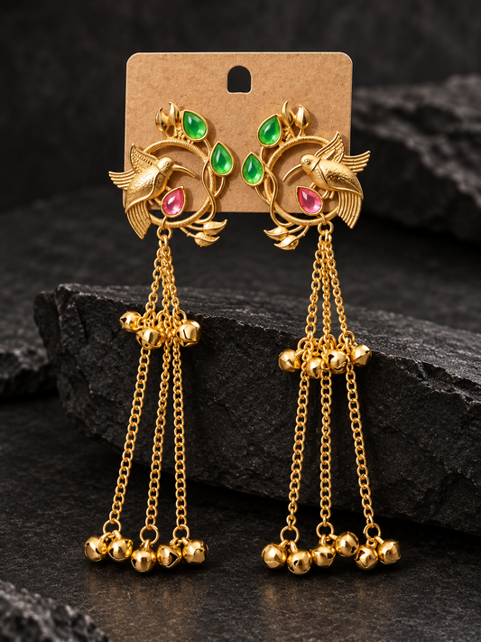 Gold Plated Hummingbird Green Pink Stone Long Chain Dangle Earring ASTRIA JEWELLERY