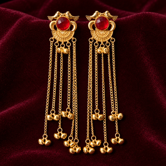 Gold Plated Red Stone Long Chain Dangle Earrings ASTRIA JEWELLERY