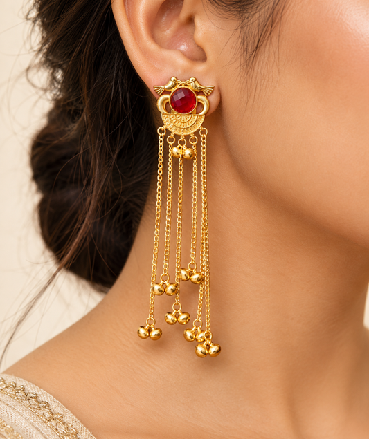 Gold Plated Red Stone Long Chain Dangle Earrings ASTRIA JEWELLERY