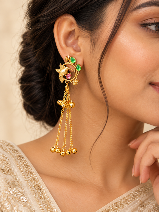 Gold Plated Hummingbird Green Pink Stone Long Chain Dangle Earring ASTRIA JEWELLERY