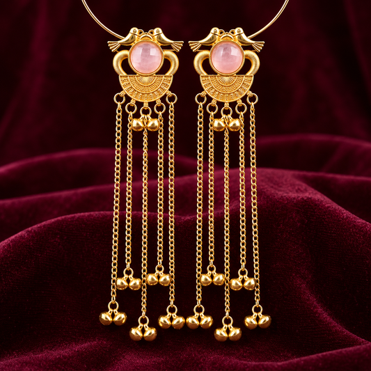 Gold Plated Pink Stone Long Chain Dangle Earrings ASTRIA JEWELLERY