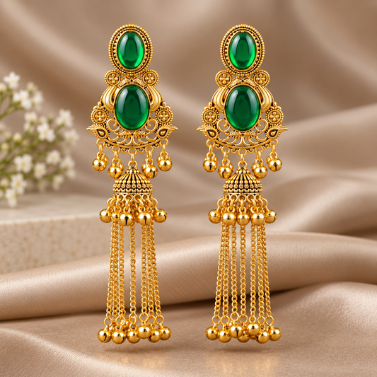 Gold Plated Green Stone Jhumka Long Chain Dangle Earring ASTRIA JEWELLERY