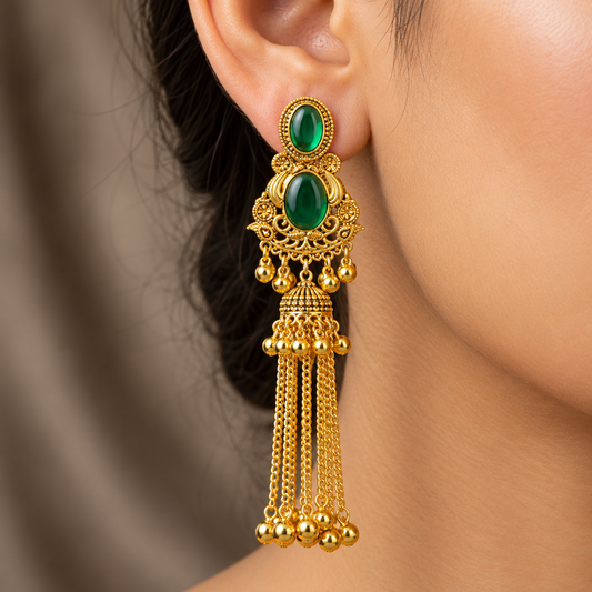 Gold Plated Green Stone Jhumka Long Chain Dangle Earring ASTRIA JEWELLERY