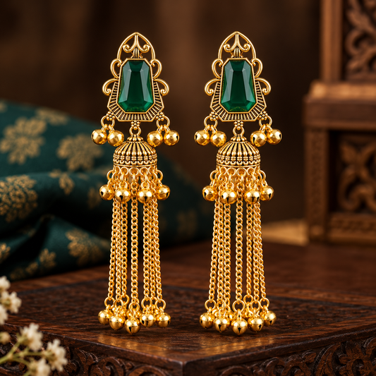 Gold Plated Green Stone Long Jhumka Chain ASTRIA JEWELLERY