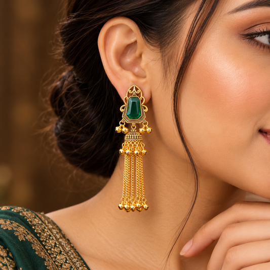 Gold Plated Green Stone Long Jhumka Chain ASTRIA JEWELLERY