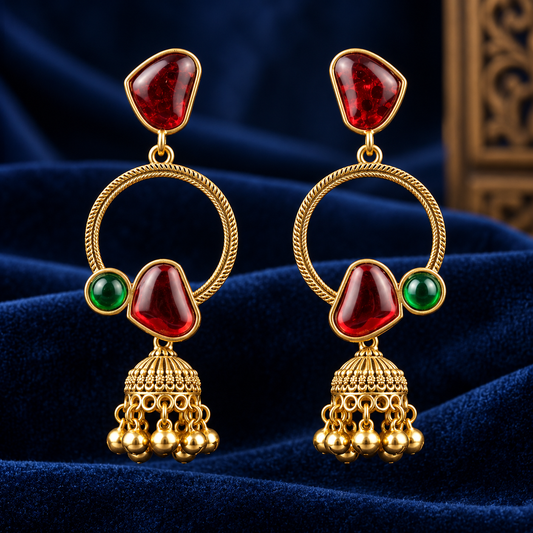 Gold Plated Red Green Stone Jhumka Hoop Dangle Earrings ASTRIA JEWELLERY