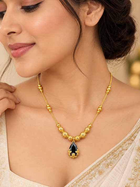 Gold Plated Black Stone Beaded Pendant Necklace for Women ASTRIA JEWELLERY