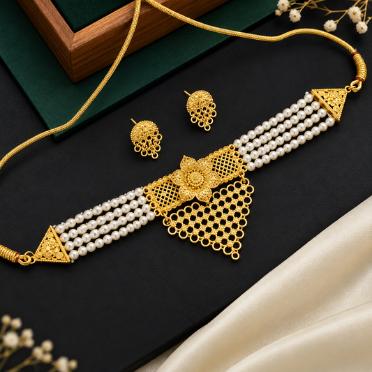 Gold Plated Pearl Floral Choker Necklace Set ASTRIA JEWELLERY