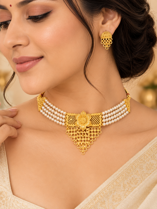 Gold Plated Pearl Floral Choker Necklace Set ASTRIA JEWELLERY