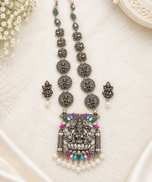 Silver Temple Lakshmi Necklace Set with Pearl Drops ASTRIA JEWELLERY