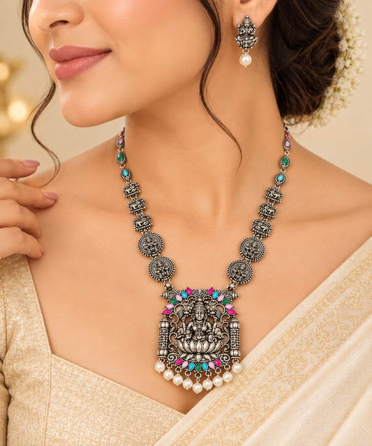 Silver Temple Lakshmi Necklace Set with Pearl Drops ASTRIA JEWELLERY