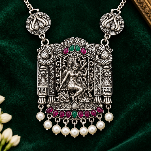 Oxidized Silver Goddess Temple Necklace Set with Pearl ASTRIA JEWELLERY