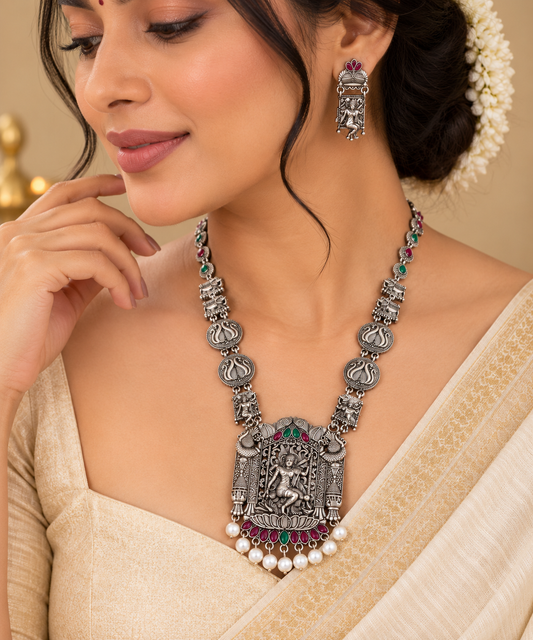 Oxidized Silver Goddess Temple Necklace Set with Pearl ASTRIA JEWELLERY