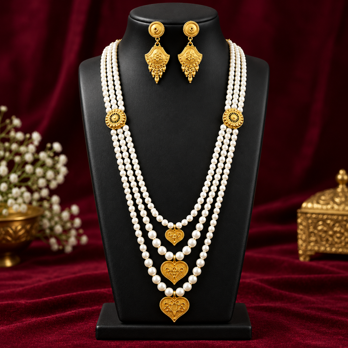 Gold Plated Pearl Layered Necklace With  Heart Pendants ASTRIA JEWELLERY