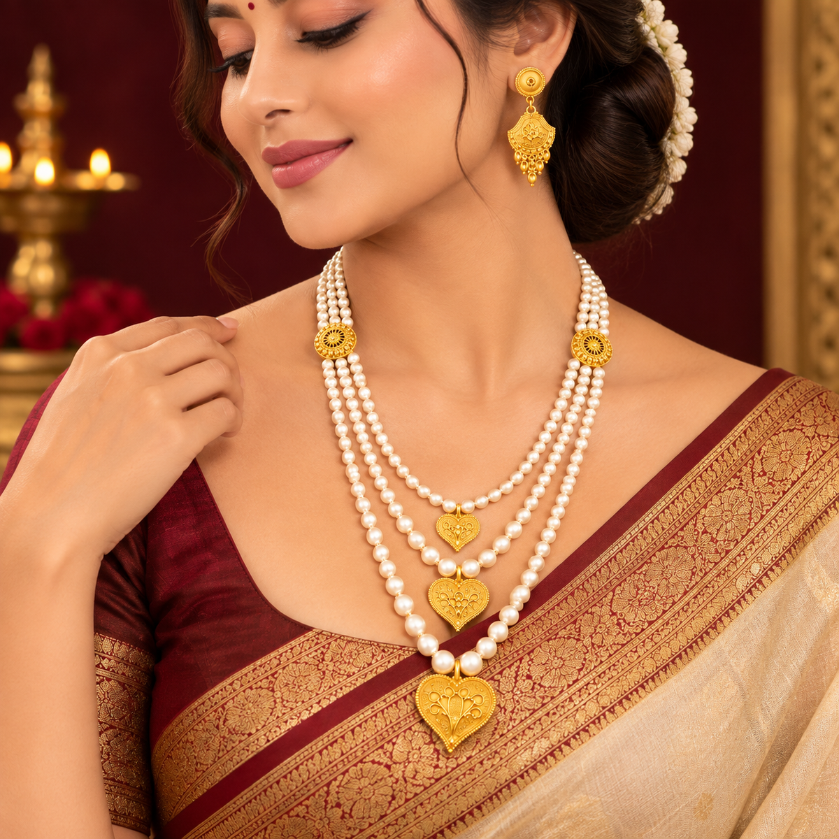 Gold Plated Pearl Layered Necklace With  Heart Pendants ASTRIA JEWELLERY