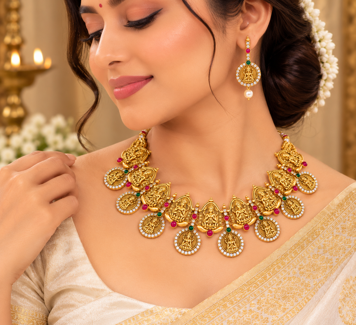 Gold Plated Lakshmi Necklace Set with Ruby Green Stones and Matching Earrings ASTRIA JEWELLERY