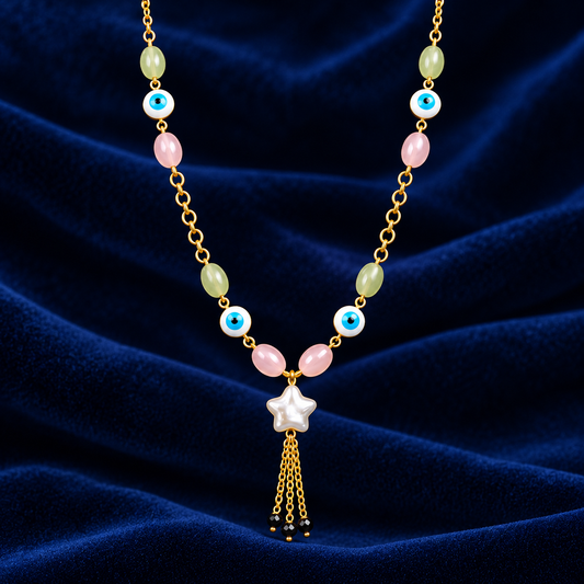 Gold Plated Evil Eye Pink Green Beaded Star Pendant Necklace ASTRIA JEWELLERY