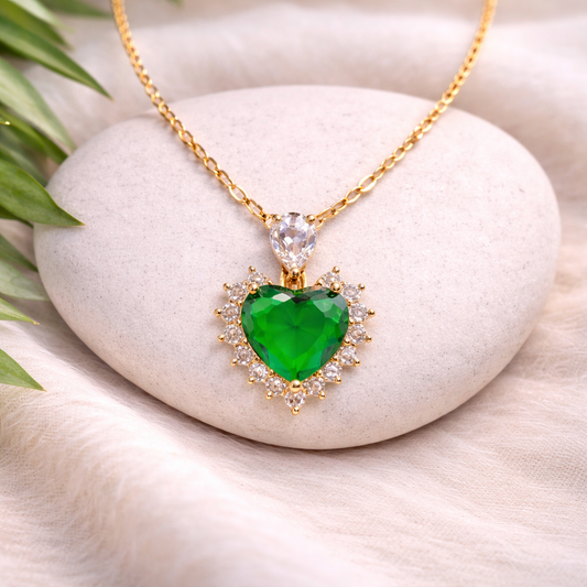 Gold Heart  with Green Gemstone Pendant