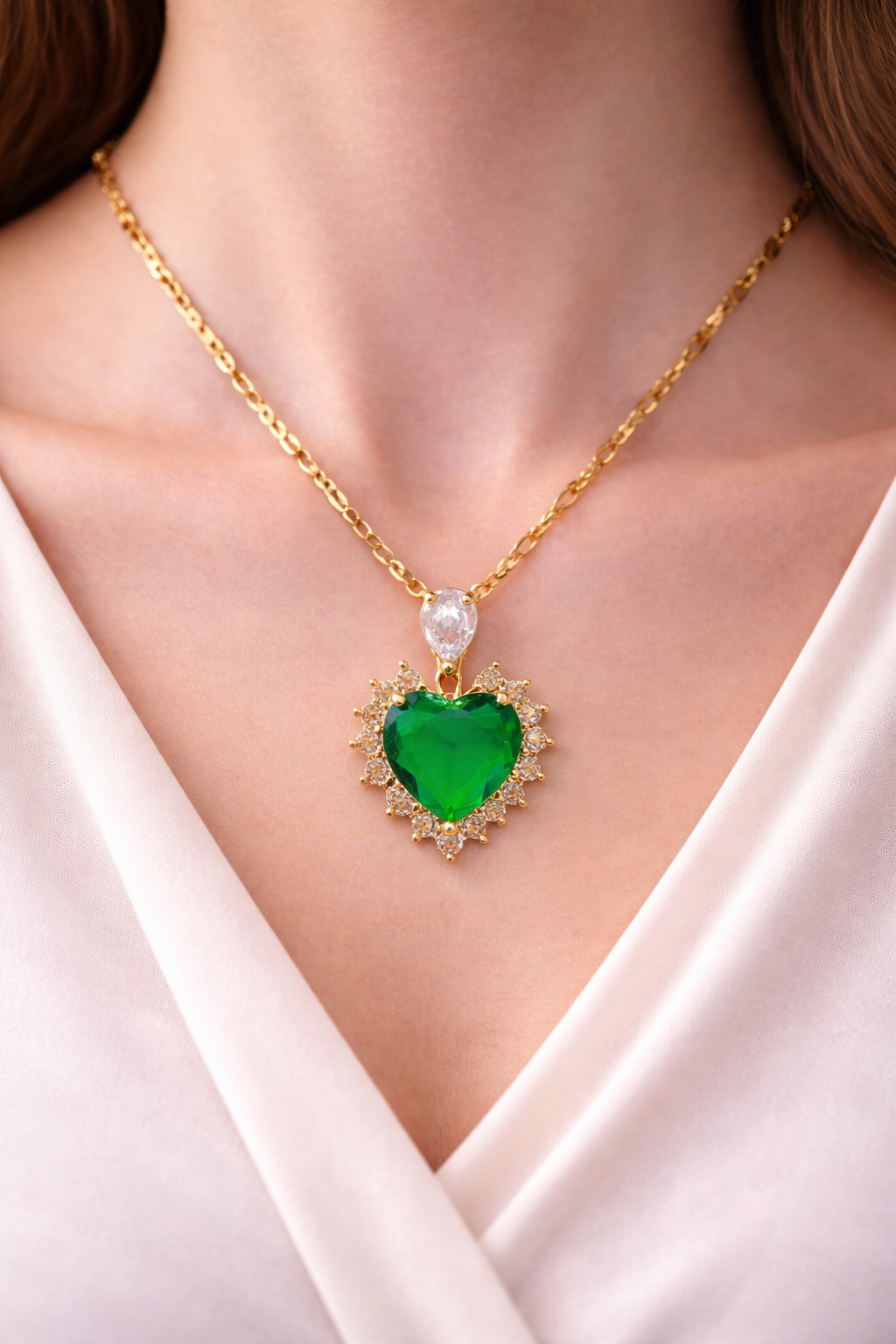 Gold Heart  with Green Gemstone Pendant