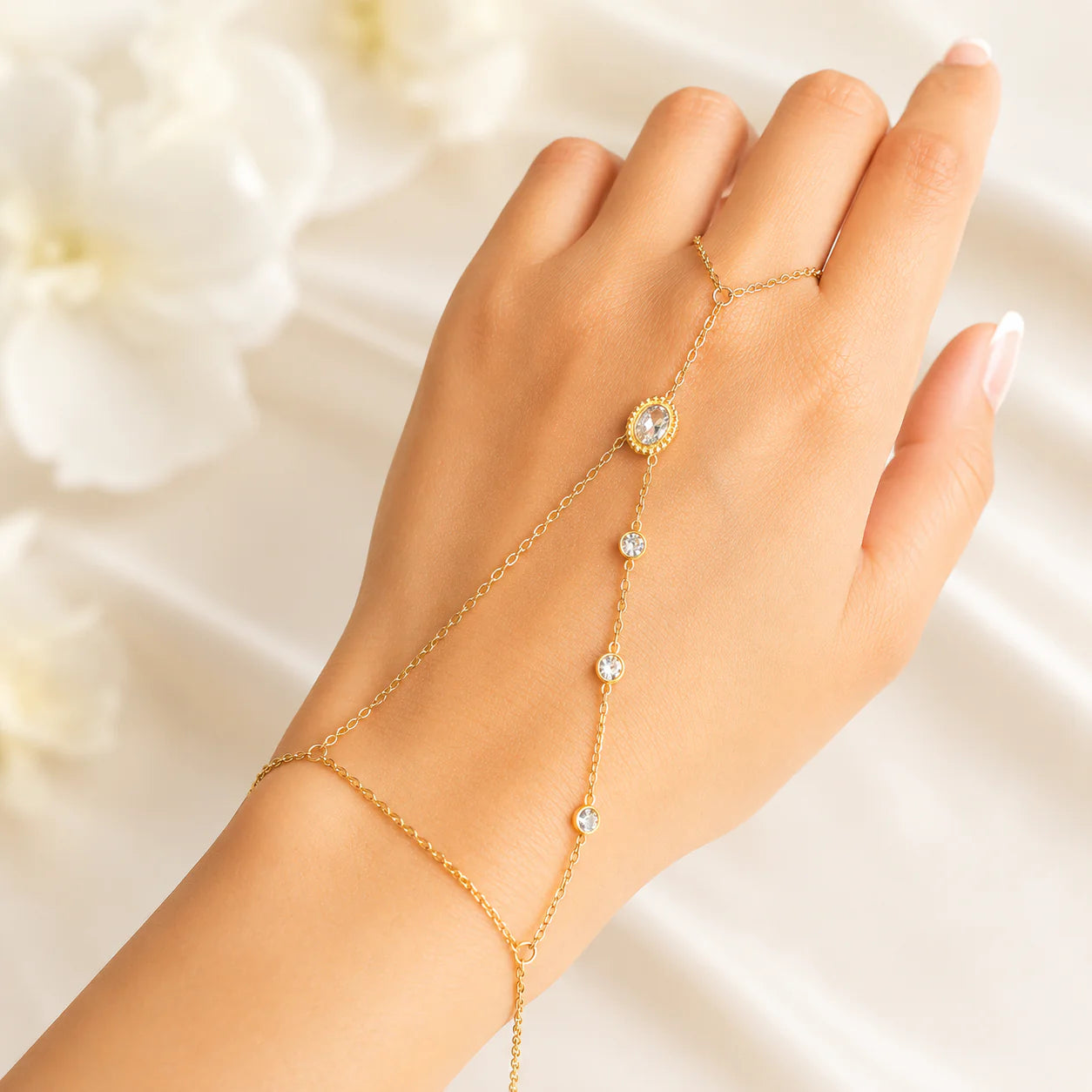 Gold Plated Crystal Hand Harness Bracelet for Women | Adjustable Hathphool Hand Chain | Elegant Finger Bracelet Jewelry