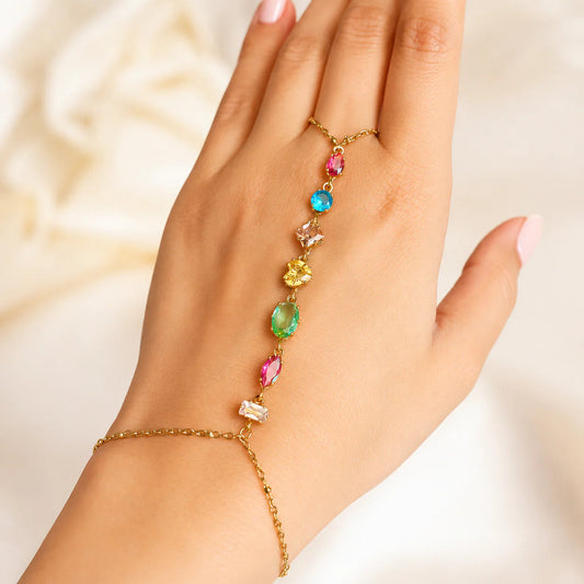 Gold Plated Multicolor Crystal Hand Harness Bracelet for Women | Adjustable Statement Hathphool | Rainbow Gemstone Finger Bracelet Astria Jewellery