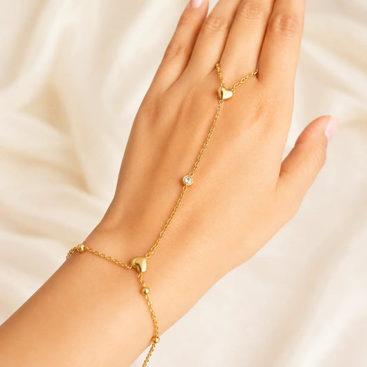 Gold Plated Heart Hand Harness Bracelet for Women | Crystal Hathphool Hand Chain | Adjustable Finger Bracelet Jewelry Astria Jewellery