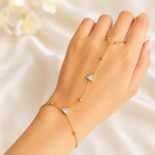 Gold Plated Triangle Crystal Hand Harness Bracelet for Women | Minimalist Adjustable Hathphool | Geometric Finger Bracelet Astria Jewellery
