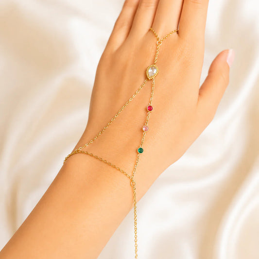 Gold Plated Hand Harness Bracelet for Women | Crystal & Multicolor Stone Hathphool | Adjustable Hand Chain Bracelet Astria Jewellery