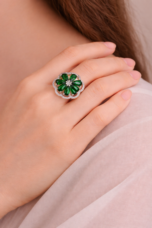 Astria Jewellery Royal Queen – Green Petal Radiance Cocktail Ring with Sparkling Green CZ Stones |Stainless Steel, Customizable