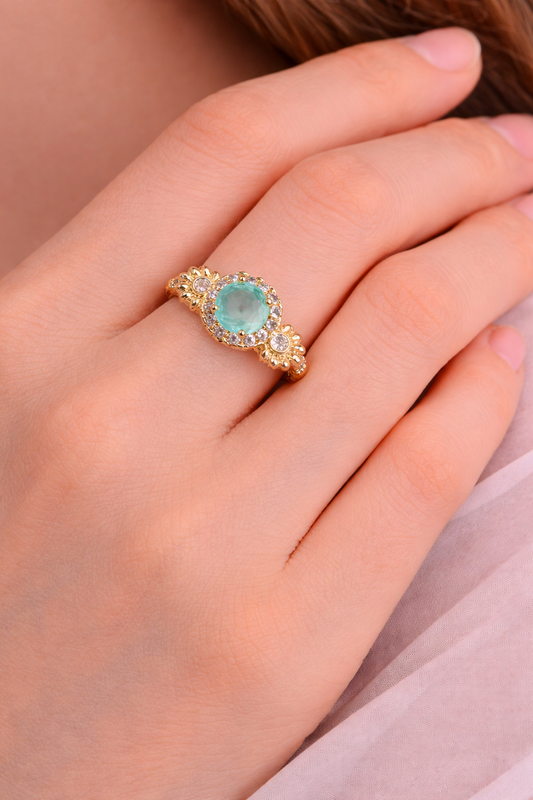 Astria Jewellery Blue Stone Gold Plated Ring for Women – Floral Design Engagement & Promise Ring |18K Gold Plated Stainless Steel, Customizable